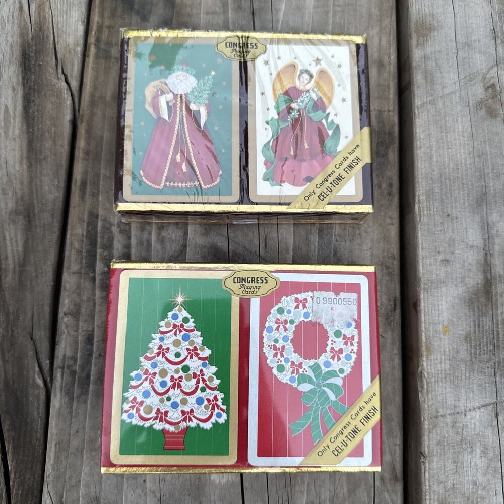 Vtg Congress Cel-U-Tone 2 Deck Bridge Size Christmas Playing Cards Lot 2